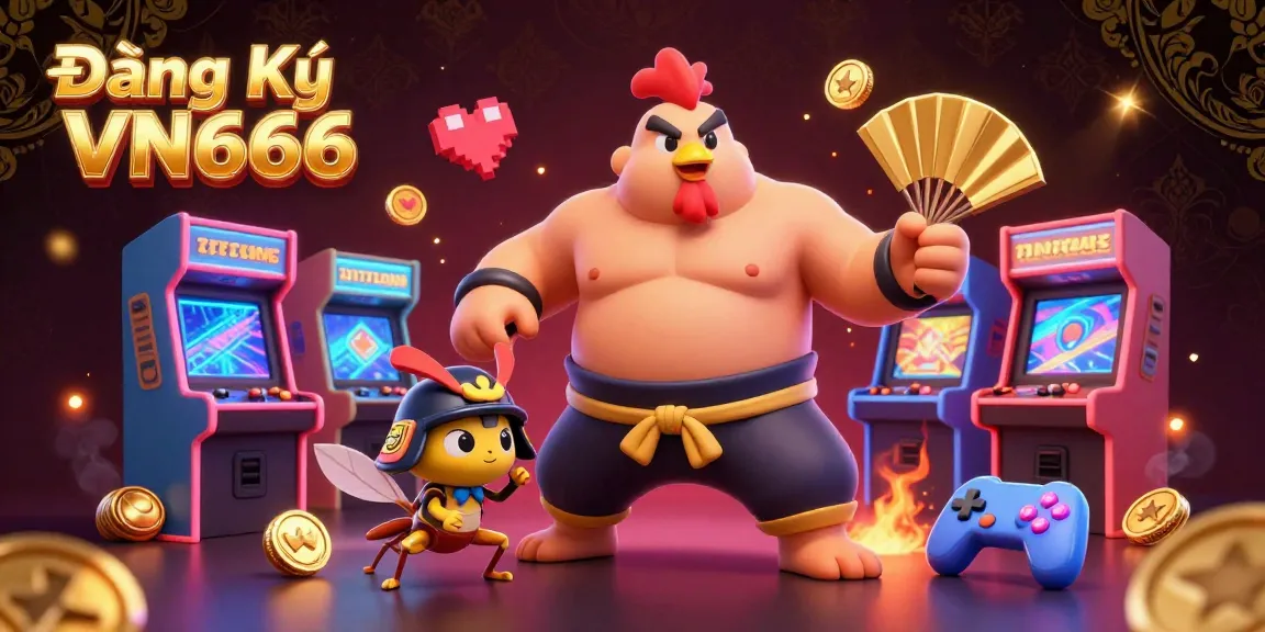 Engage with "Đăng Ký VN666" as the sumo rooster and samurai cricket showcase epic gaming excitement amidst vibrant arcade elements.