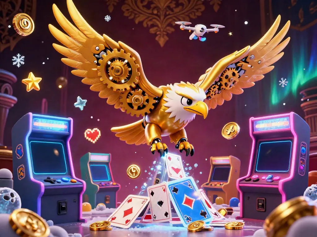 Experience thrilling slot gaming with this vibrant 3D eagle diving through holographic cards amidst golden arcade machines.
