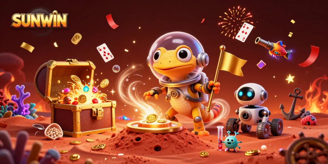 SUNWIN's exciting gaming experience features a Martian gecko exploring a golden casino with floating cards and vibrant treasures.