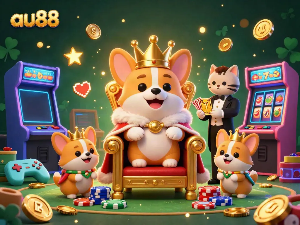 Engage with innovative gaming experiences at au88, featuring a royal corgi and casino-themed décor.