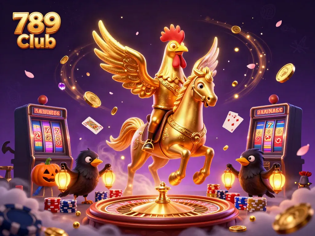 Experience thrilling gameplay at 789 Club with golden rooster and lantern crows amidst sparkling casino elements.