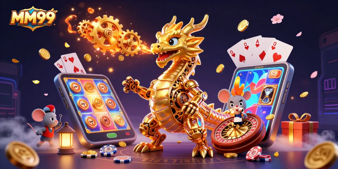 MM99 features an energetic scene with a golden dragon and slot game elements, embodying the excitement of online gaming.