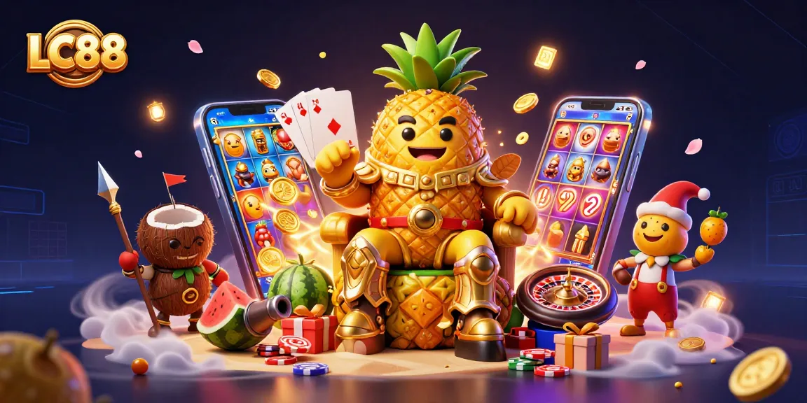 Engage in thrilling gaming at LC88 with all-encompassing casino elements in a vibrant 3D illustration.