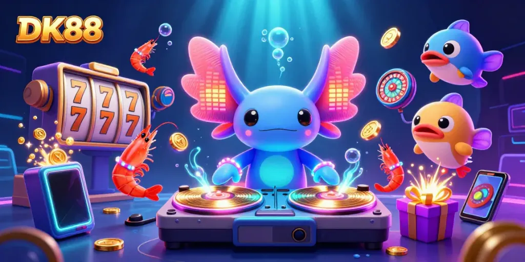 Experience the thrill of DK88 as a neon axolotl DJ spins in a vibrant underwater casino scene.