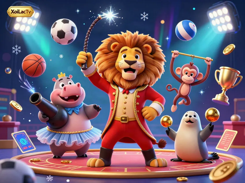 XoiLacTv showcases a lively casino scene with a circus lion, hippo, monkey, and seal surrounded by sports elements.