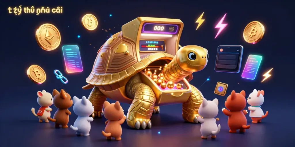 Engage with the thrilling tỷ lệ nhà cái scene featuring a golden tortoise pinball machine and vibrant cryptocurrency elements.