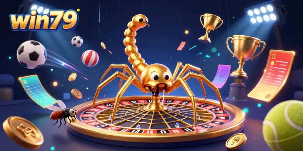 Engage in thrilling bets at win79 while a captivating golden spider spins a roulette wheel web.