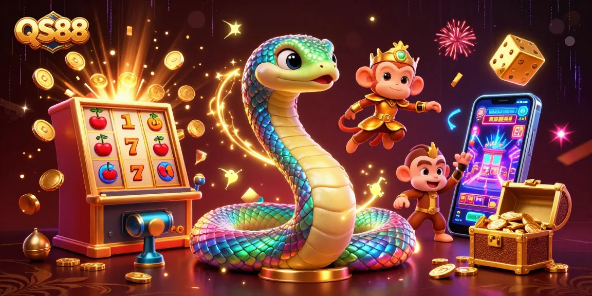 Experience thrilling wins with QS88 playing on immersive slot games surrounded by vibrant characters and festive elements.