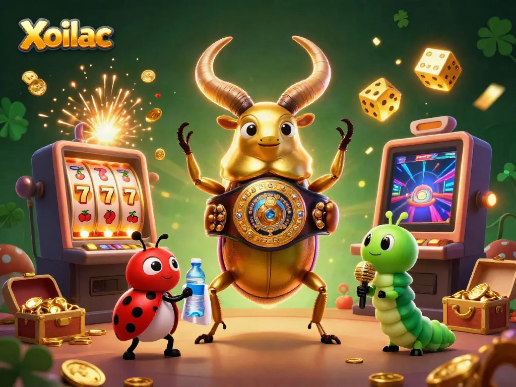 Xoilac brings excitement with a golden stag beetle champion amidst flying jackpots and gaming symbols in a vibrant scene.