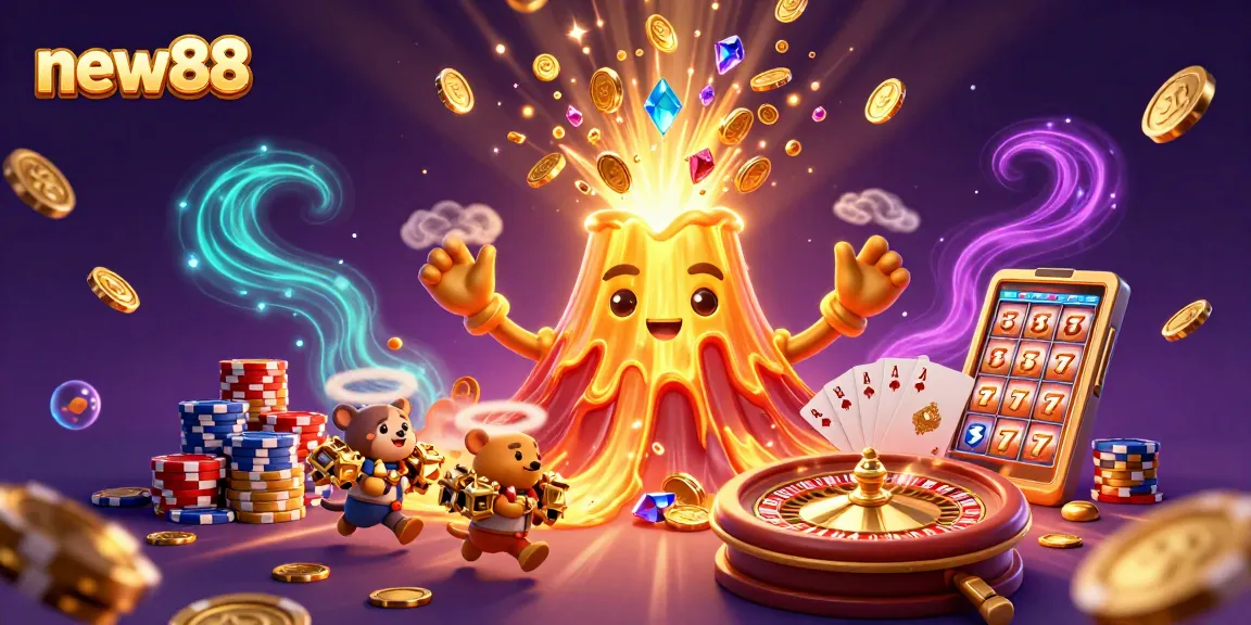 Experience exciting wins at new88 with a lively scene of a volcano and treasure-seeking animals in a casino