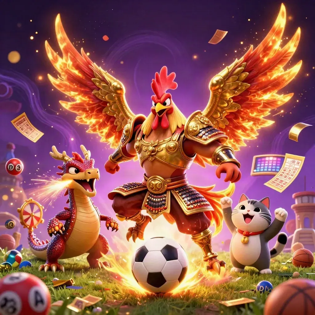 Rooster samurai, dragon hatchling, and fortune cat amid casino bursts and football action
