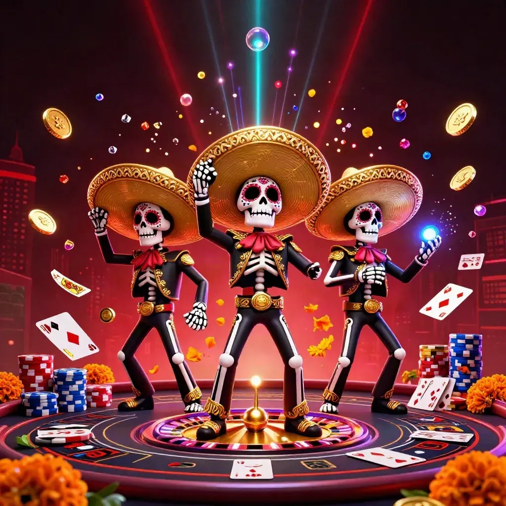 Skeleton mariachi trio with casino gold, roulette, cards, coins, neon red glow and dark skyline.