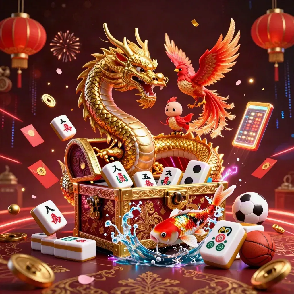 Golden dragon, phoenix, koi and casino props amid neon sports-market energy and dark luxe bokeh.