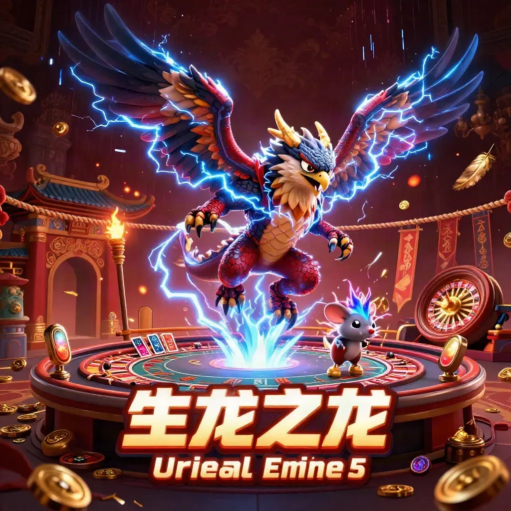 Thunder dragon, wind hawk, and thunder-mouse amid casino treasure and neon lightning.