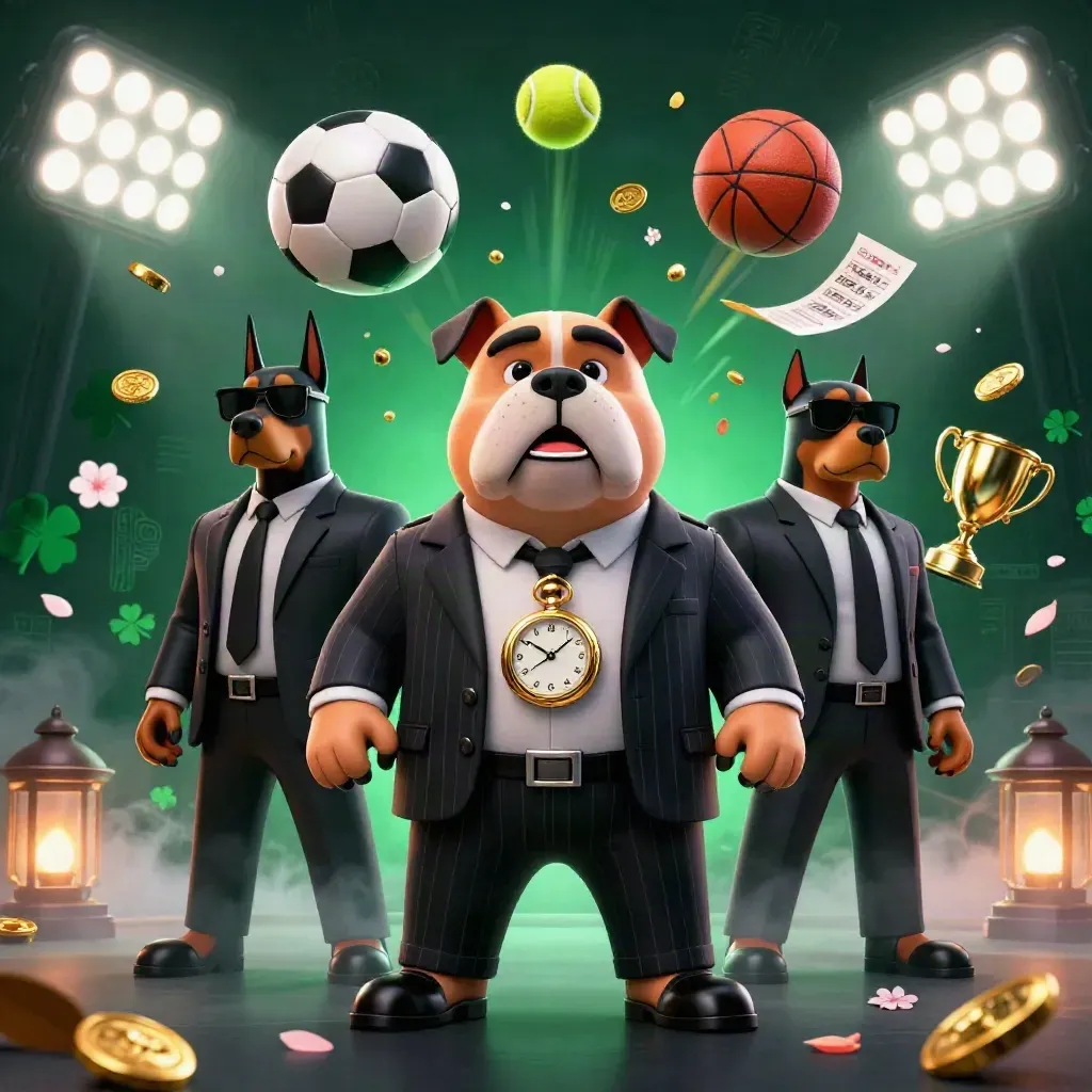 Bulldog mob boss with Dobermans amid flying sports balls, coins, and stadium lights
