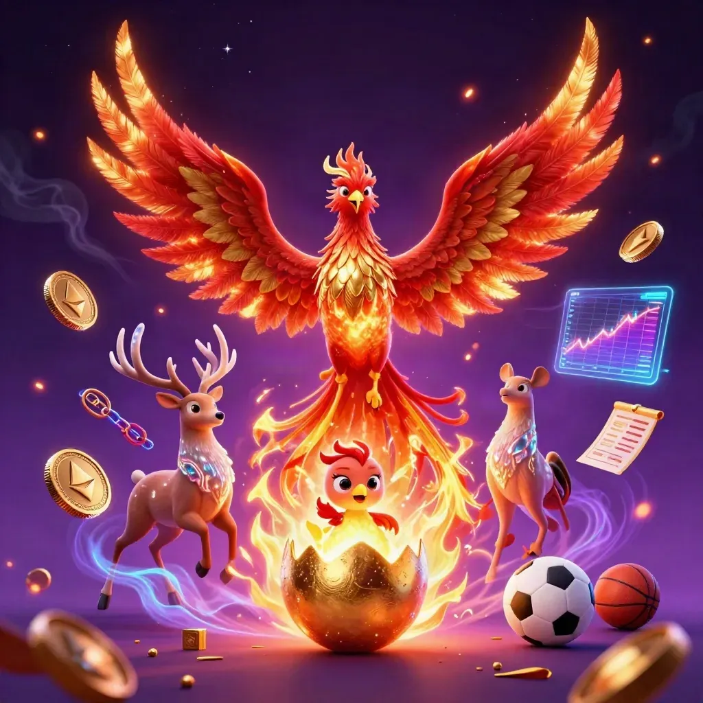 Fire phoenix, baby phoenix, stag, crypto coins, sports balls, dark neon casino fantasy scene.