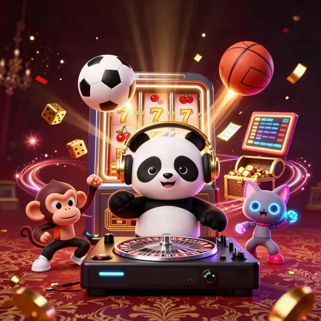 DJ panda, monkey and rave kitten amid casino bursts, flying balls, gold and confetti