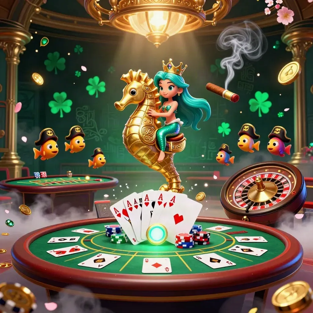 Mermaid princess on a jeweled seahorse amid casino cards, chips, and glowing gold light.