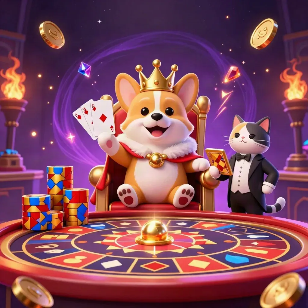 Corgi king and cat butler in a luxe casino scene with spinning wheel, coins and glowing cards.
