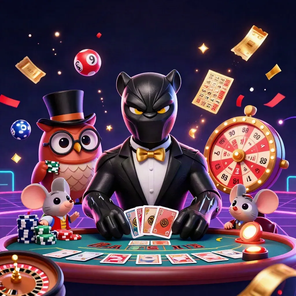 Panther dealer, owl, and mouse amid casino props, neon grid, gold confetti, and fireworks