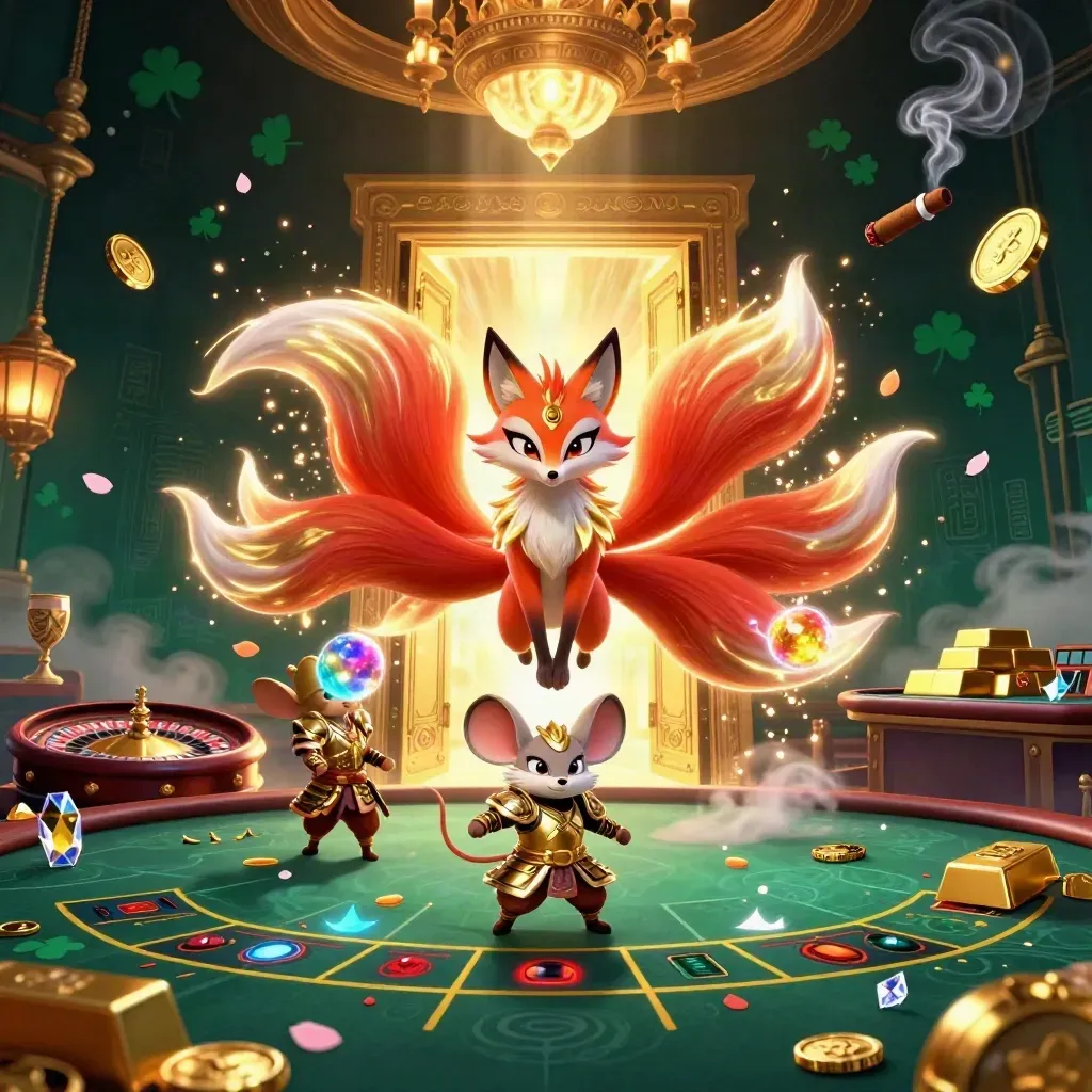 Neon fox spirit, samurai mouse, gold vault, emerald casino haze, and glowing luxury.