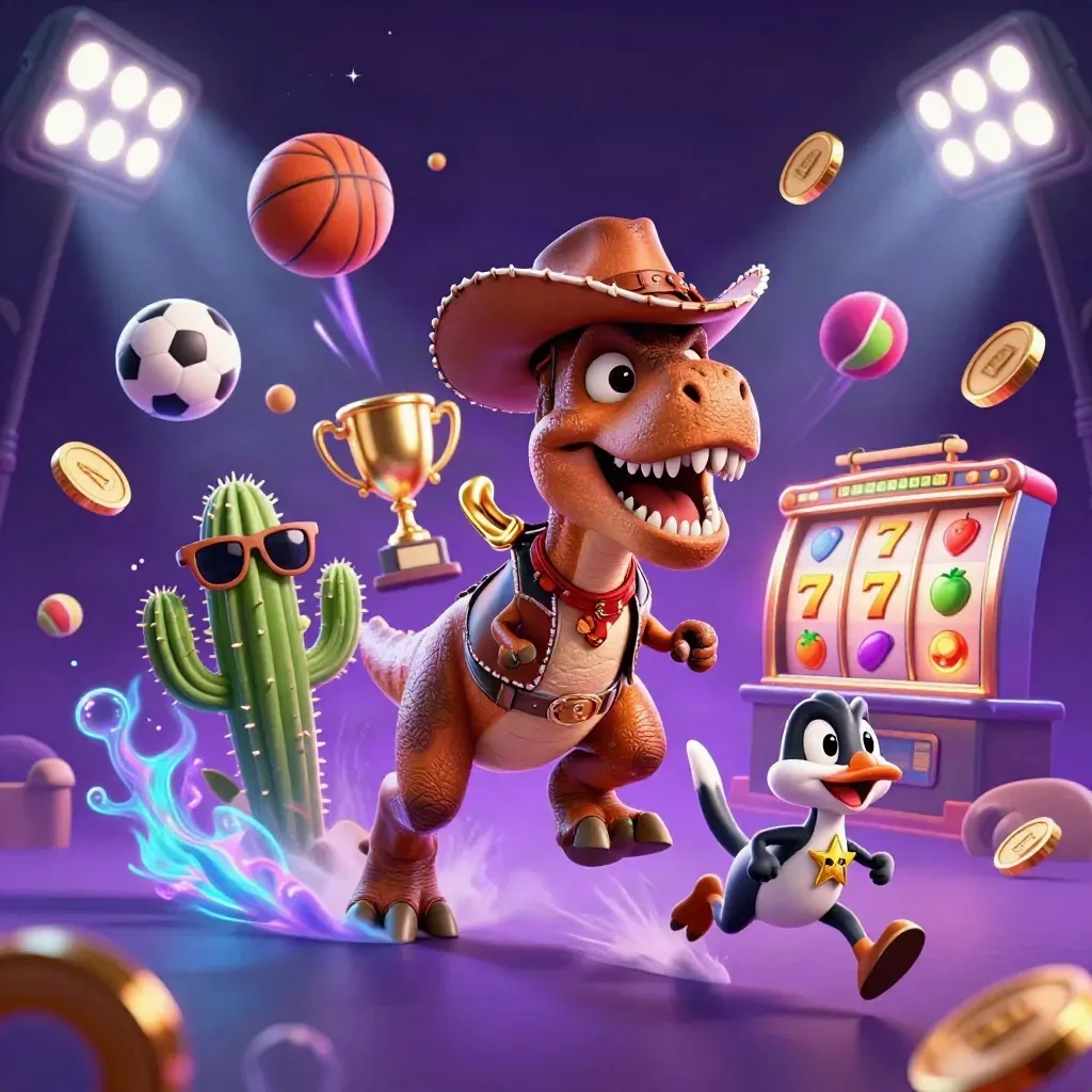 Cowboy T-Rex, cactus sidekick, and roadrunner burst amid casino coins, balls, and neon glow.