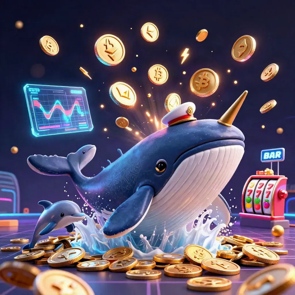 Whale captain, narwhal, and dolphins bursting through coins with neon casino effects