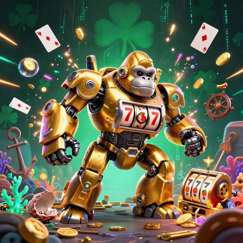 Golden gorilla mech casino hero with monkey pilot amid treasure, coral, cards, and neon energy