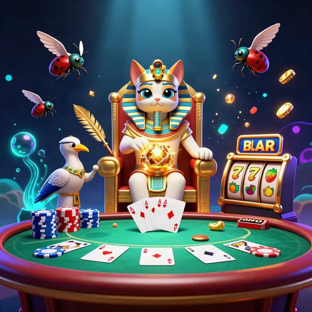 Pharaoh cat, ibis scribe, and gem-winged scarabs amid casino cards, chips, and glowing treasure.