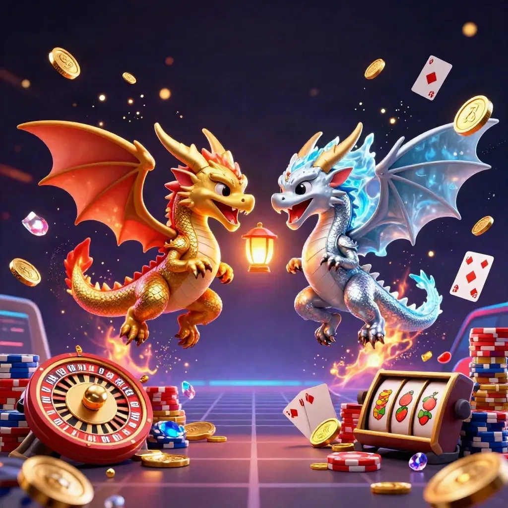 Gold and silver dragons whirl in fire and ice amid casino riches and glowing effects