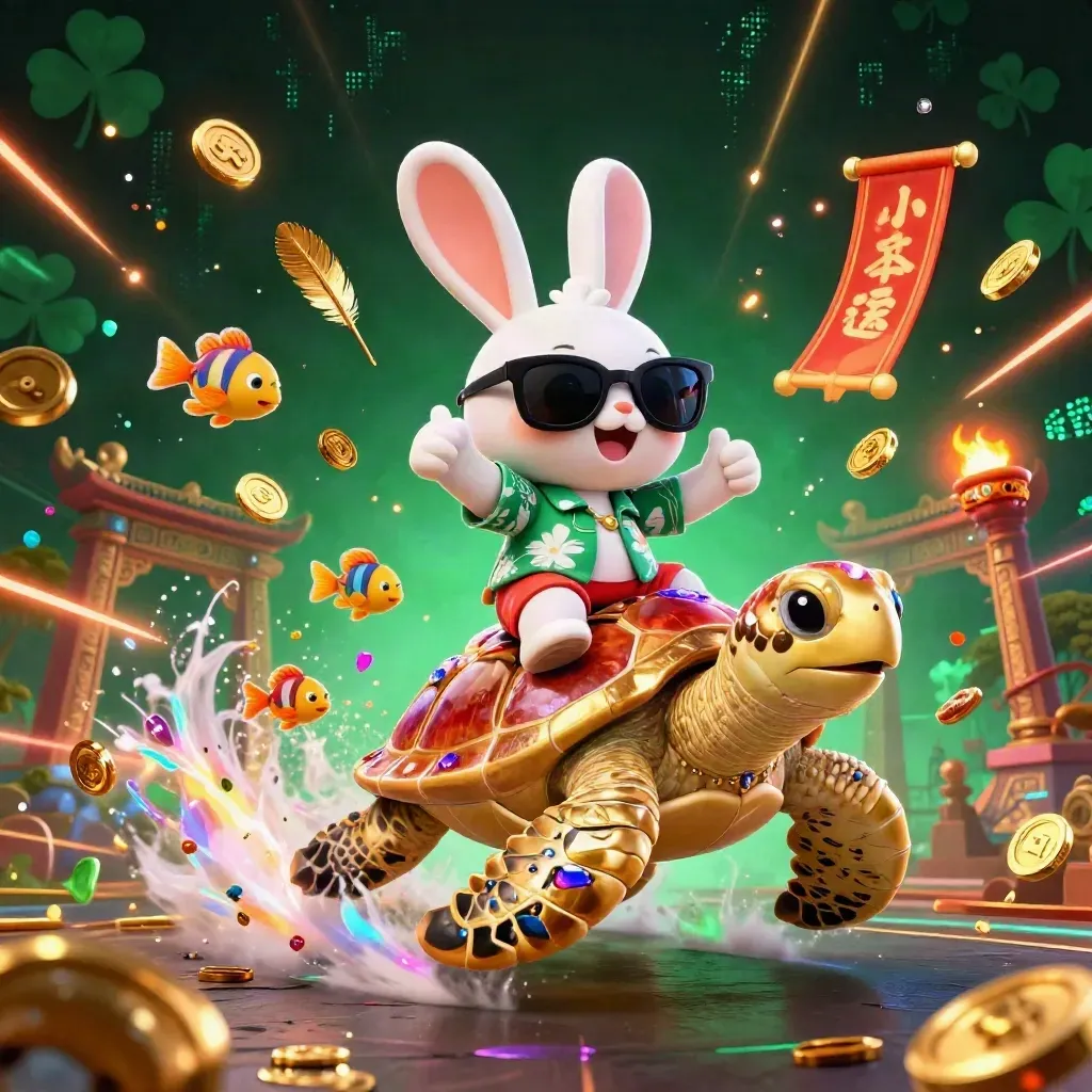 Lucky rabbit on gem turtle with tropical fish amid casino treasure and neon red energy