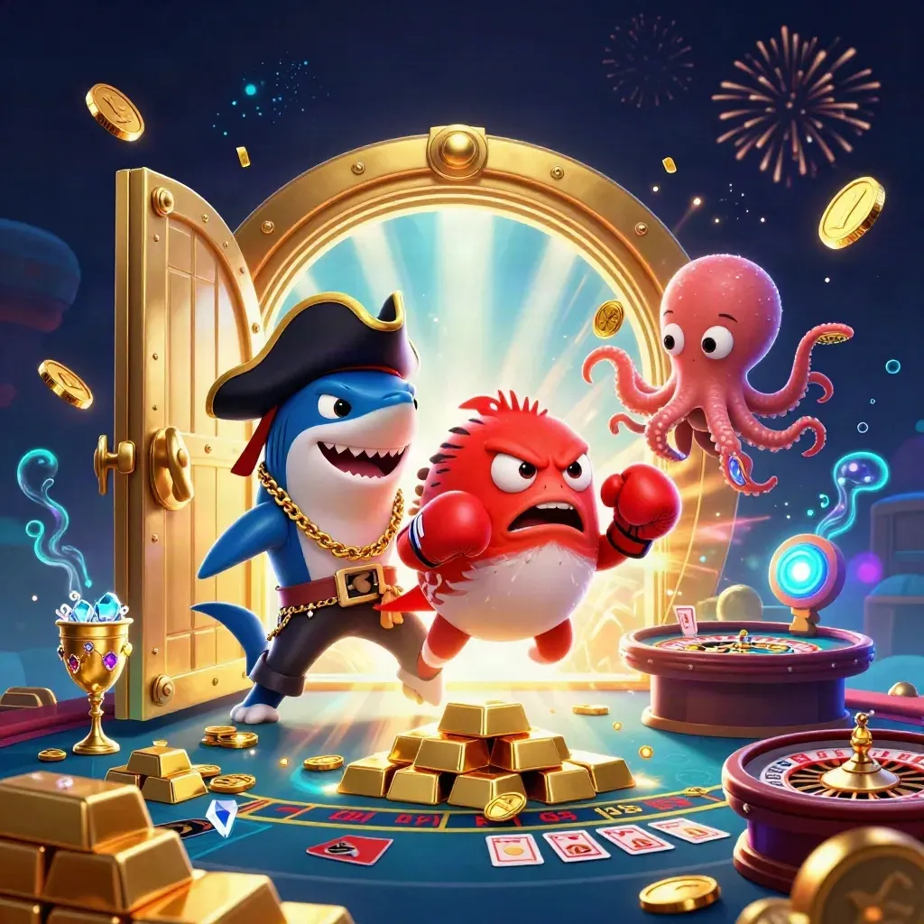 Pirate shark, boxing pufferfish, and coin-juggling octopus burst from a gold vault in casino light.