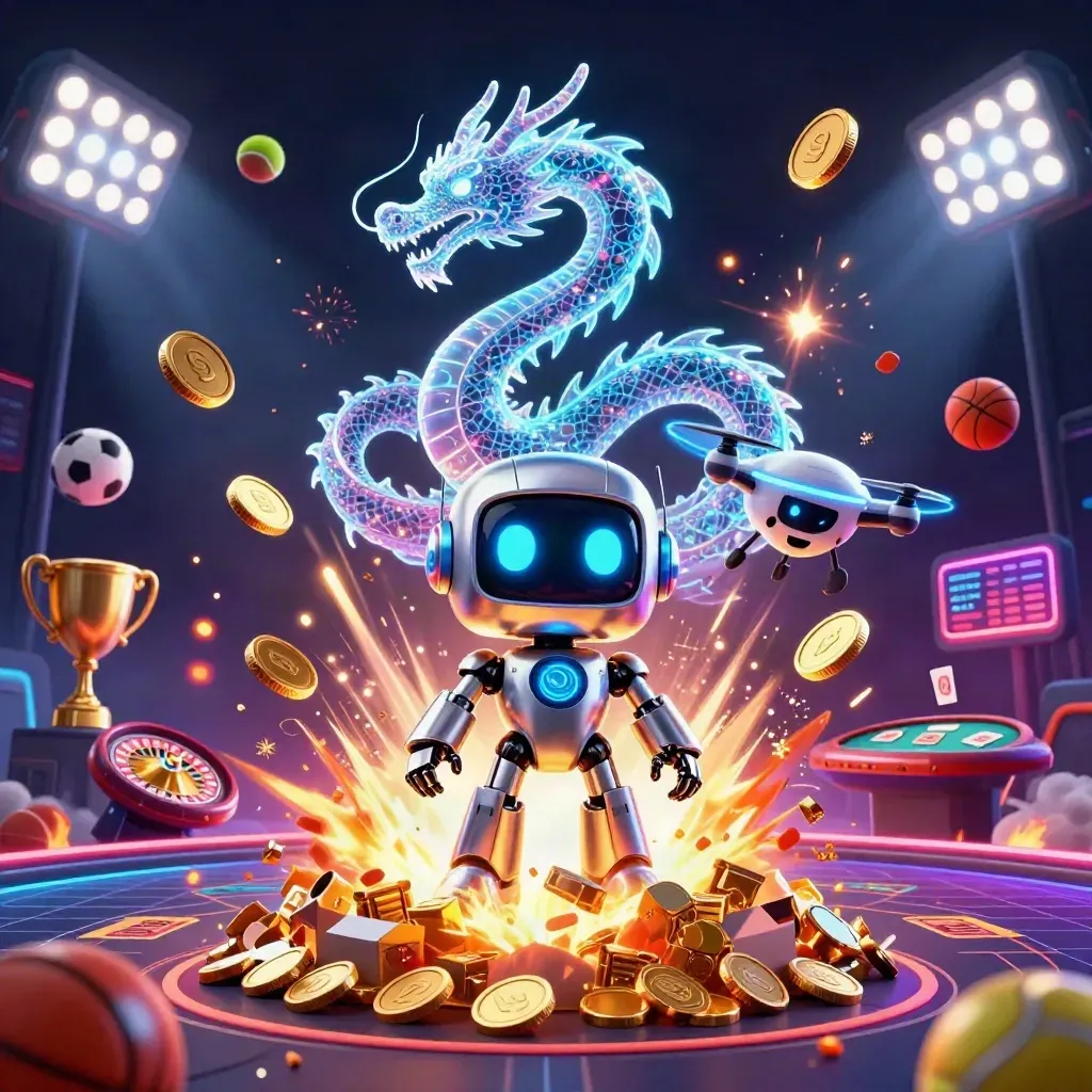 Cyberpunk robot, holographic dragon, drone, coins, sports balls, casino table, and fireworks in a luxe dark scene.