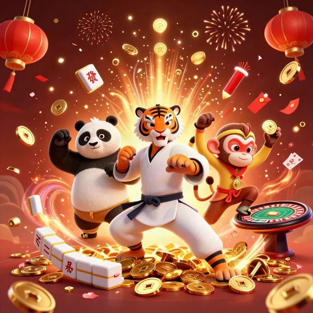 Kung-fu tiger, panda, and monkey amid coins, fireworks, mahjong, and casino props