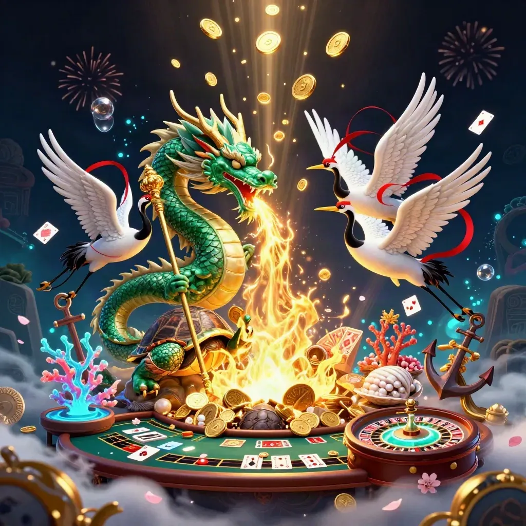 Emerald dragon, turtle sage, cranes, and casino treasure exploding in a luxe dark neon scene.