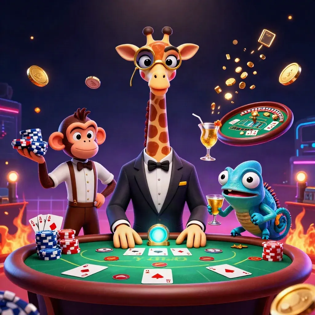 Giraffe, monkey, and chameleon at a glowing VIP poker table with chips, cards, coins, and neon lights