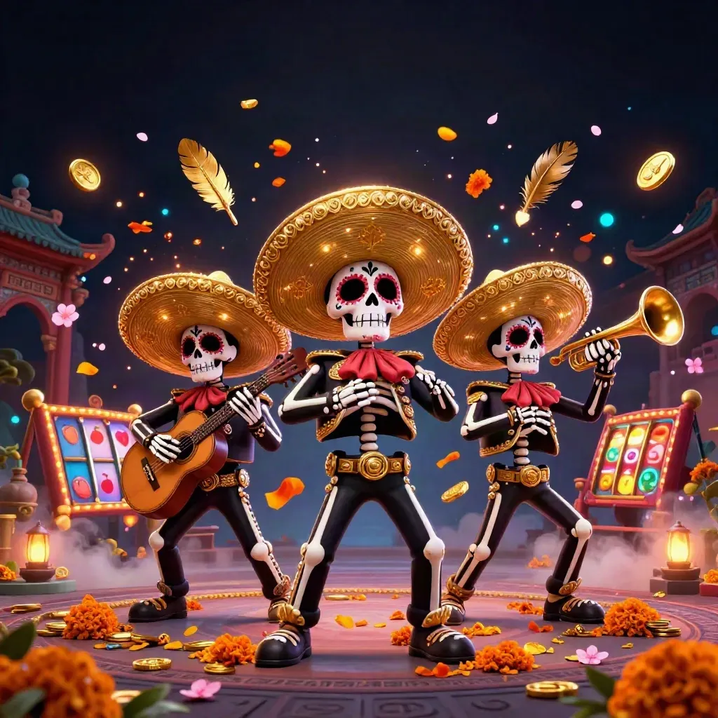 Three skeleton mariachi musicians in gold sombreros amid coins, runes, petals, and slot symbols