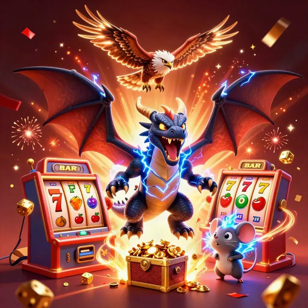 Thunder dragon, hawk, and crackling mouse amid slot machine jackpots, gold, and fire on dark crimson.