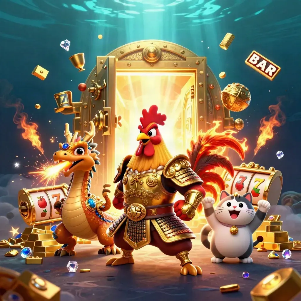 Rooster samurai, spark-breathing hatchling, and cheering fortune-cat amid casino loot and glowing reels