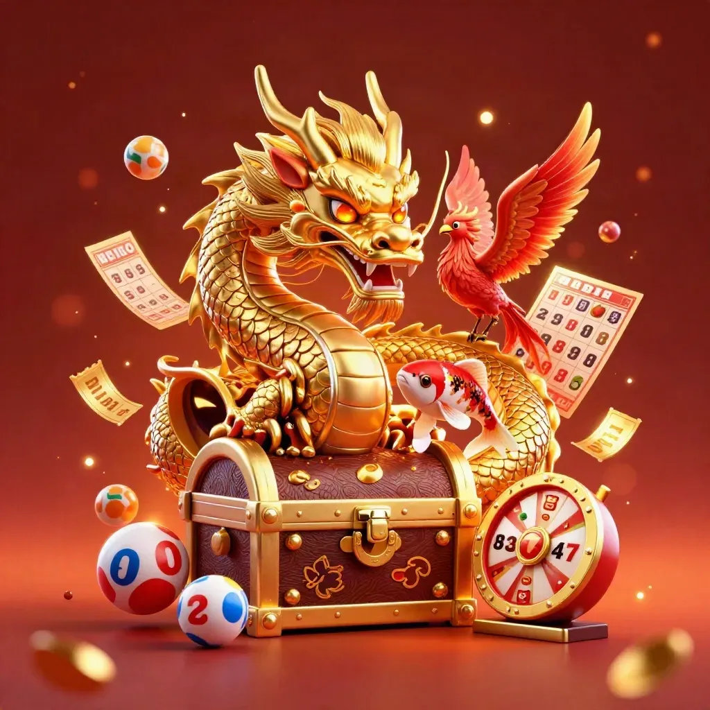 Golden dragon, phoenix and koi amid casino symbols on a fiery crimson background.