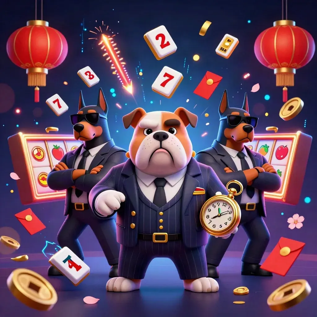 Bulldog boss and Doberman bodyguards amid casino relics, neon bolts, coins, lanterns, and reels