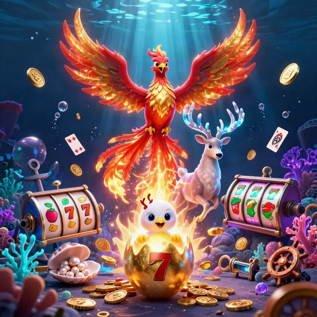 Phoenix, stag, and hatchling over a glowing underwater treasure cove with casino reels and coins.
