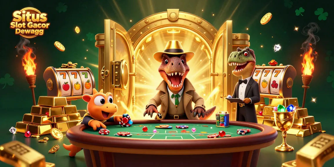 Situs Slot Gacor Dewagg showcases a 3D velociraptor card counter at a blackjack table surrounded by gold and gems.