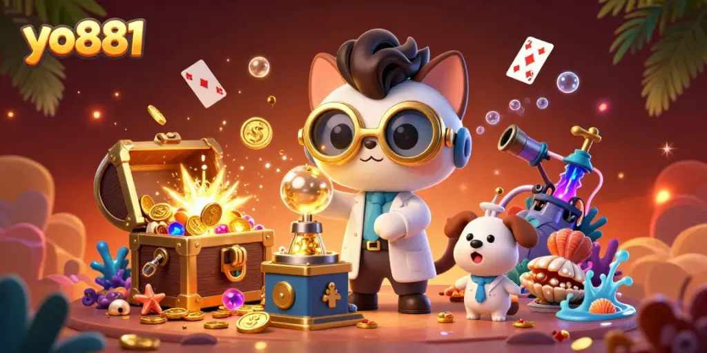 Experience the excitement of yo881 with a dynamic scene featuring a mad scientist cat creating gold coins.