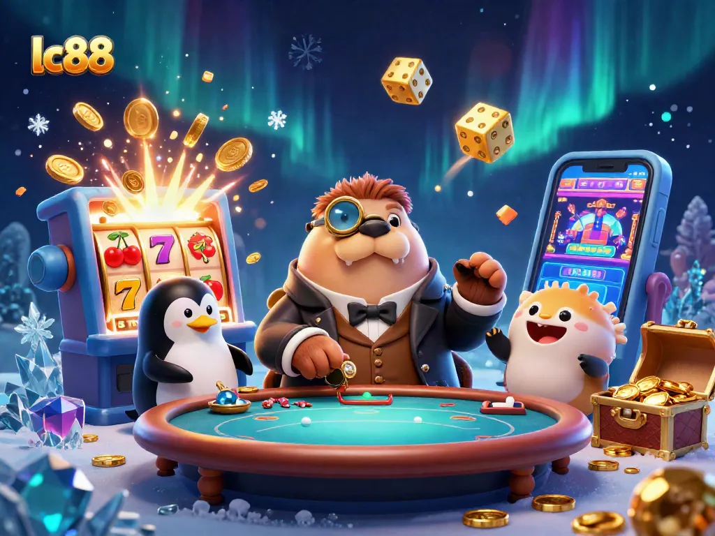 Engage in thrilling gameplay at lc88 with cartoon walrus, penguin dealer, and pufferfish at a poker table.