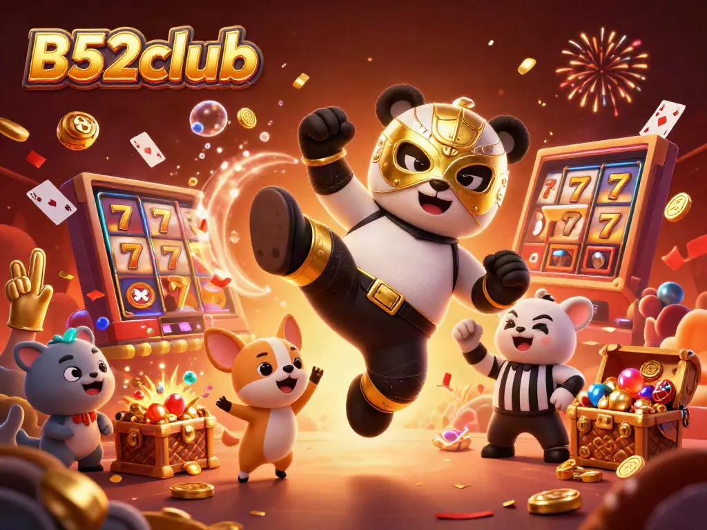 Experience the thrill of winning at B52club with vibrant gambling elements, golden coins, and animated characters.