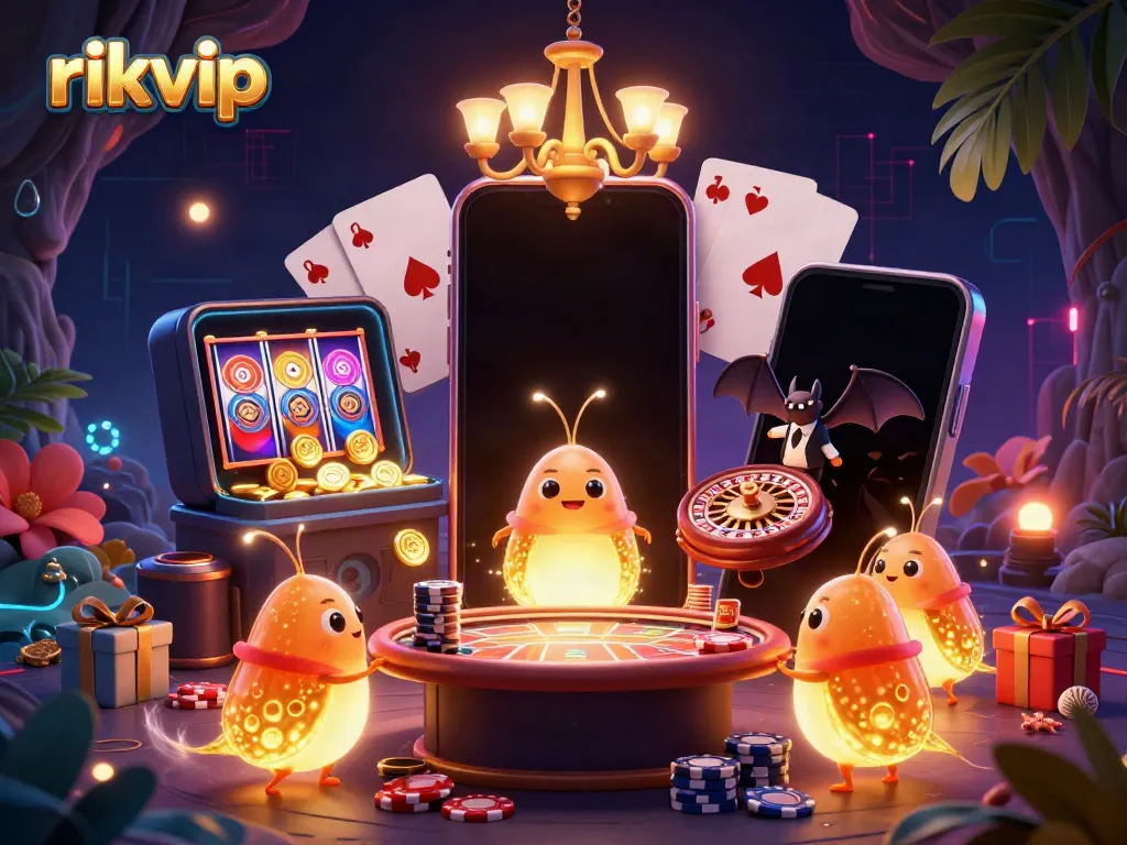Experience thrilling gameplay at rikvip, a lively casino scene illuminated by glowing worms with a bat dealer.