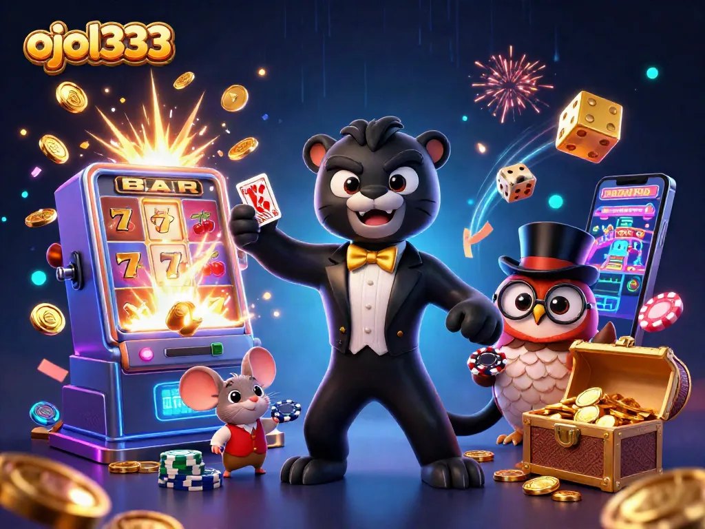 Engaging 3D casino scene featuring ojol333 characters dealing cards and surrounded by slot machine glory.