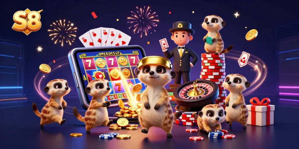 Engage with S8's thrilling casino action featuring meerkats at a vibrant gaming table.