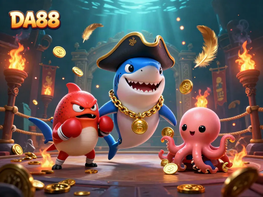 Experience thrilling betting at DA88 with a dynamic illustration of exciting casino characters and vibrant action.